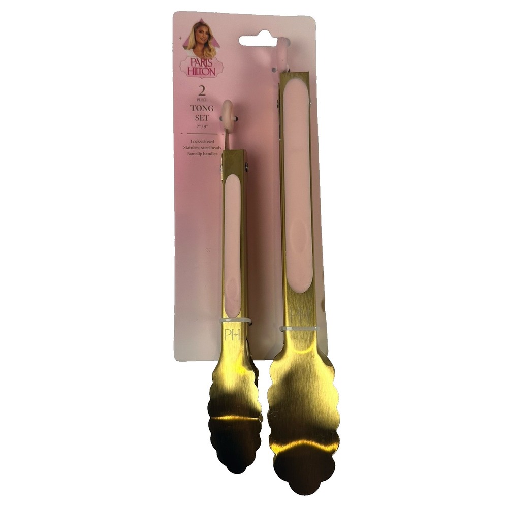 Paris Hilton Pink Gold Kitchen Tongs Set 2pc Stainless Steel Utensils New